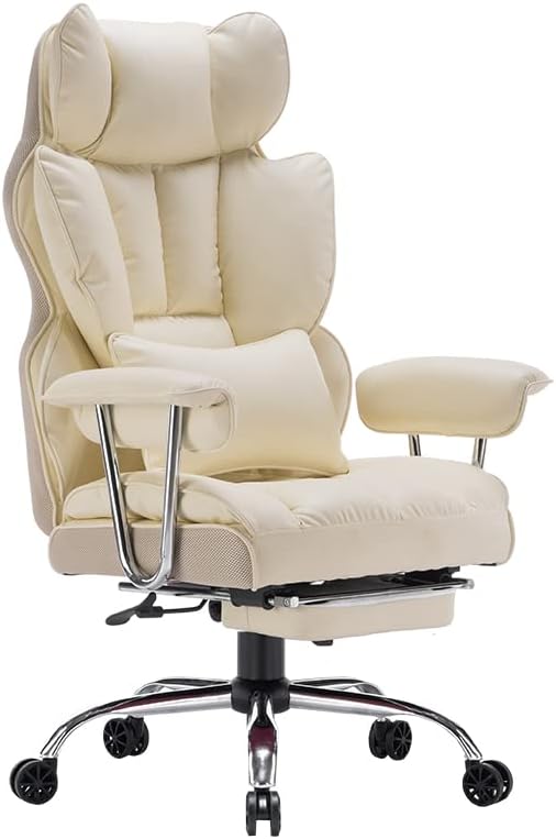 Efomao Desk Office Chair 400LBS, Big High Back PU Leather Computer Chair, Executive Office Chair with Leg Rest and Lumbar Support,Beige Office Chair