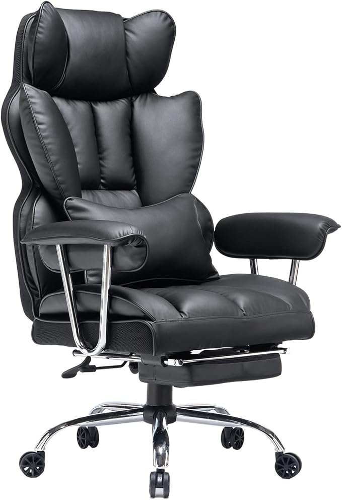 Efomao Big and Tall Office Chair 400lbs – High Back PU Leather Executive Chair with Lumbar Support, Footrest, Swivel Base, Padded Armrests, and Rolling Wheels for Home Office, Black Office Chair