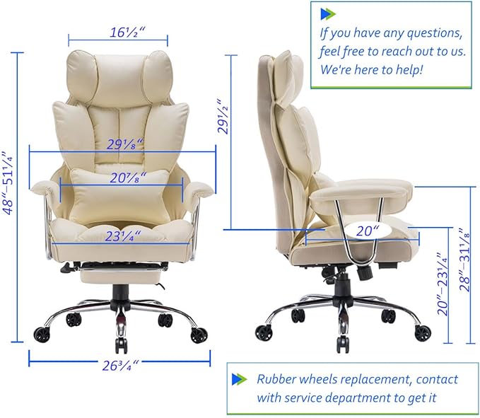 Efomao Desk Office Chair 400LBS, Big High Back PU Leather Computer Chair, Executive Office Chair with Leg Rest and Lumbar Support,Beige Office Chair