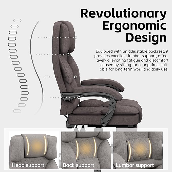 Ergonomic Fabric Office Chair with Footrest – Big & Tall Heavy Duty Executive Reclining Computer Desk Chair (Deep Brown)