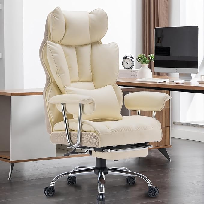 Efomao Desk Office Chair 400LBS, Big High Back PU Leather Computer Chair, Executive Office Chair with Leg Rest and Lumbar Support,Beige Office Chair