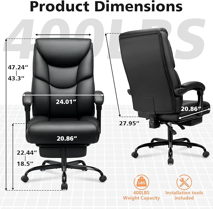WAILOR Heavy Duty 400lbs Office Chair with Footrest – Reclining Big & Tall High Back PU Leather Ergonomic Computer Desk Chair
