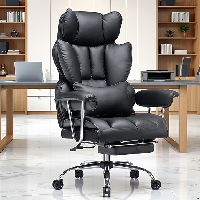 Efomao Big and Tall Office Chair 400lbs – High Back PU Leather Executive Chair with Lumbar Support, Footrest, Swivel Base, Padded Armrests, and Rolling Wheels for Home Office, Black Office Chair