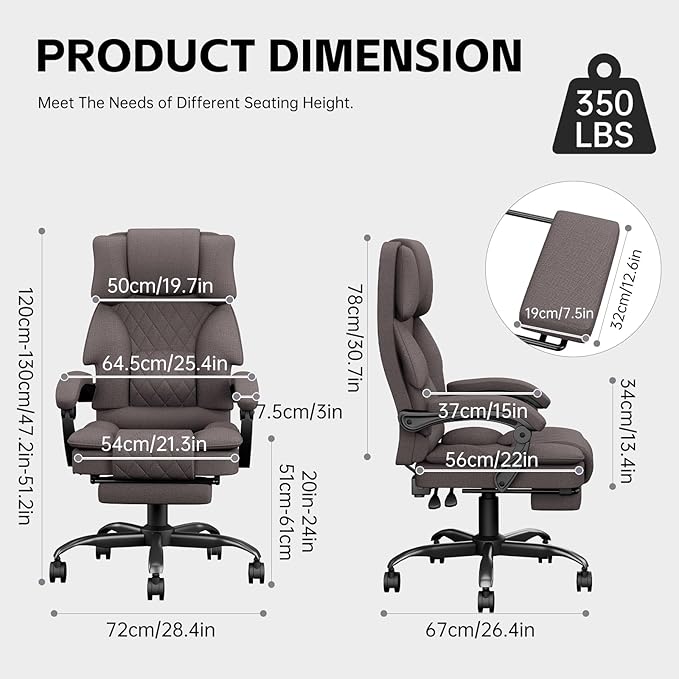 Ergonomic Fabric Office Chair with Footrest – Big & Tall Heavy Duty Executive Reclining Computer Desk Chair (Deep Brown)