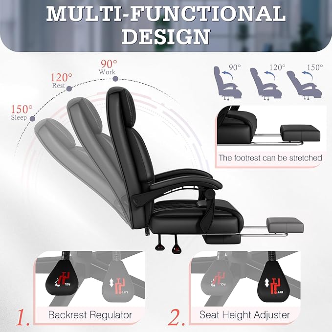 Furmax Heavy Duty 500lbs Massage Office Chair with Footrest – Reclining Big & Tall High Back Executive Computer Desk Chair (Black)