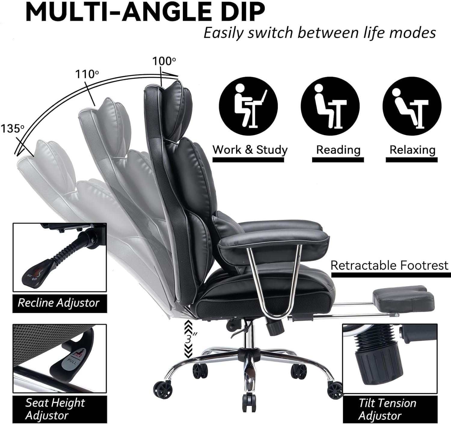 Efomao Big and Tall Office Chair 400lbs – High Back PU Leather Executive Chair with Lumbar Support, Footrest, Swivel Base, Padded Armrests, and Rolling Wheels for Home Office, Black Office Chair