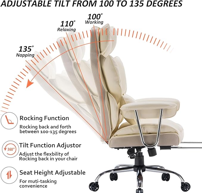 Efomao Desk Office Chair 400LBS, Big High Back PU Leather Computer Chair, Executive Office Chair with Leg Rest and Lumbar Support,Beige Office Chair