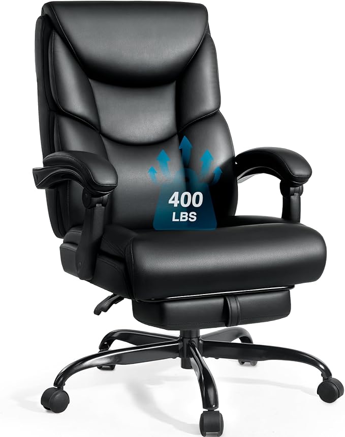 WAILOR Heavy Duty 400lbs Office Chair with Footrest – Reclining Big & Tall High Back PU Leather Ergonomic Computer Desk Chair