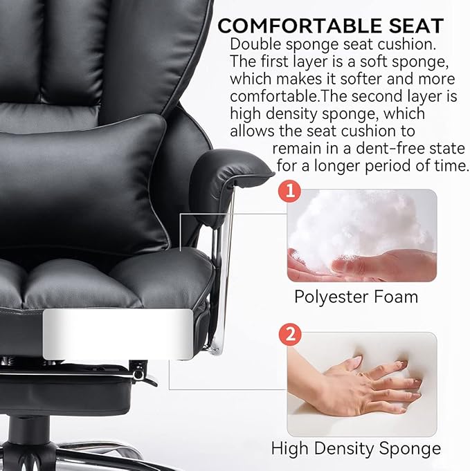 Efomao Big and Tall Office Chair 400lbs – High Back PU Leather Executive Chair with Lumbar Support, Footrest, Swivel Base, Padded Armrests, and Rolling Wheels for Home Office, Black Office Chair