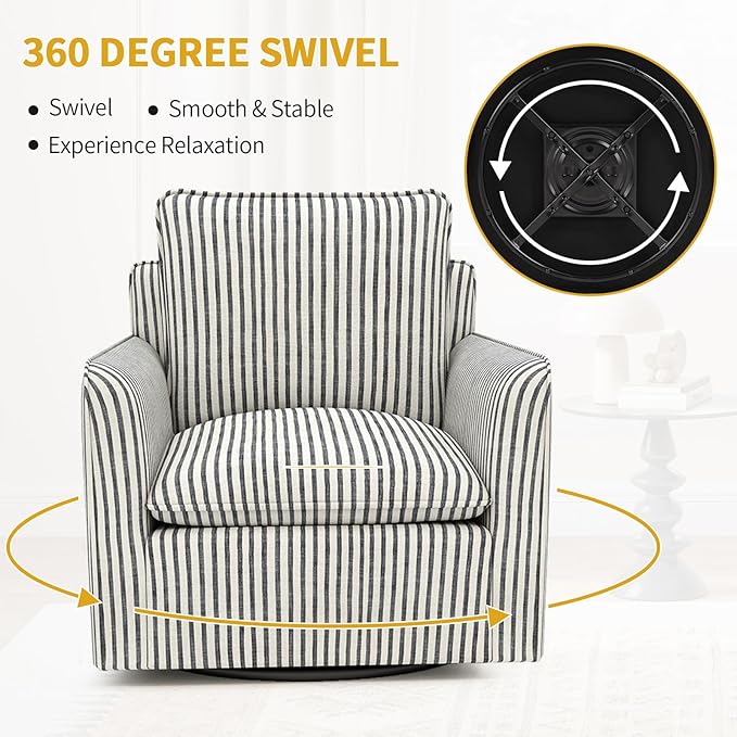 CANMOV Swivel Accent Chair – Modern 360° Comfy Reading Armchair with Thick Lumbar Support for Living Room & Small Spaces (Blue Stripe)