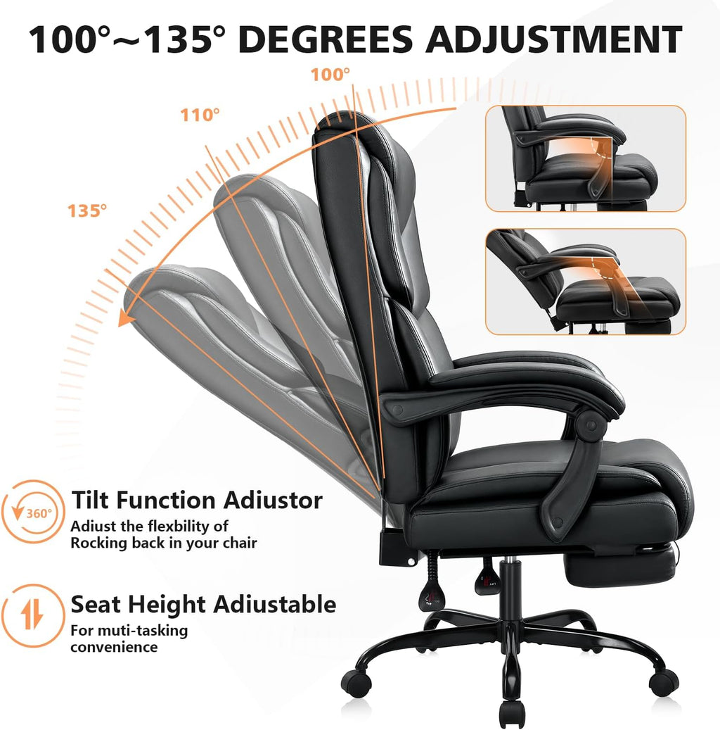WAILOR Heavy Duty 400lbs Office Chair with Footrest – Reclining Big & Tall High Back PU Leather Ergonomic Computer Desk Chair