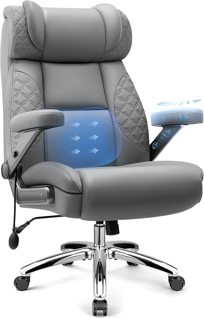 Heavy Duty 500lbs Big & Tall Office Chair with 5D Flip-Up Arms – Ergonomic Executive Leather Computer Desk & Gaming Chair