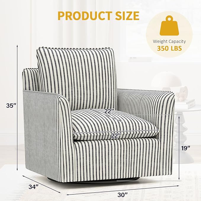 CANMOV Swivel Accent Chair – Modern 360° Comfy Reading Armchair with Thick Lumbar Support for Living Room & Small Spaces (Blue Stripe)