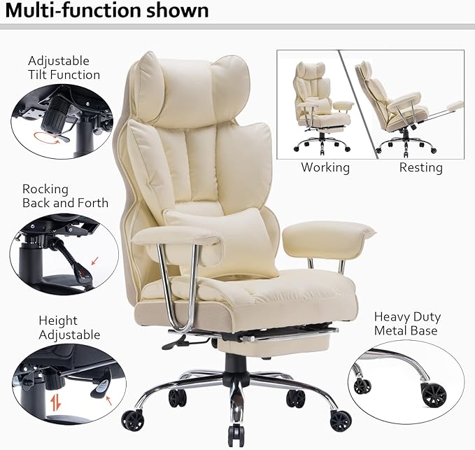 Efomao Desk Office Chair 400LBS, Big High Back PU Leather Computer Chair, Executive Office Chair with Leg Rest and Lumbar Support,Beige Office Chair