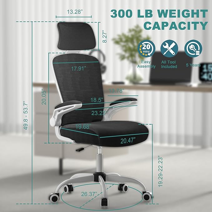 Mimoglad High Back Ergonomic Office Chair – Comfy Modern Desk Chair with Headrest, Lumbar Support & Flip-Up Arms