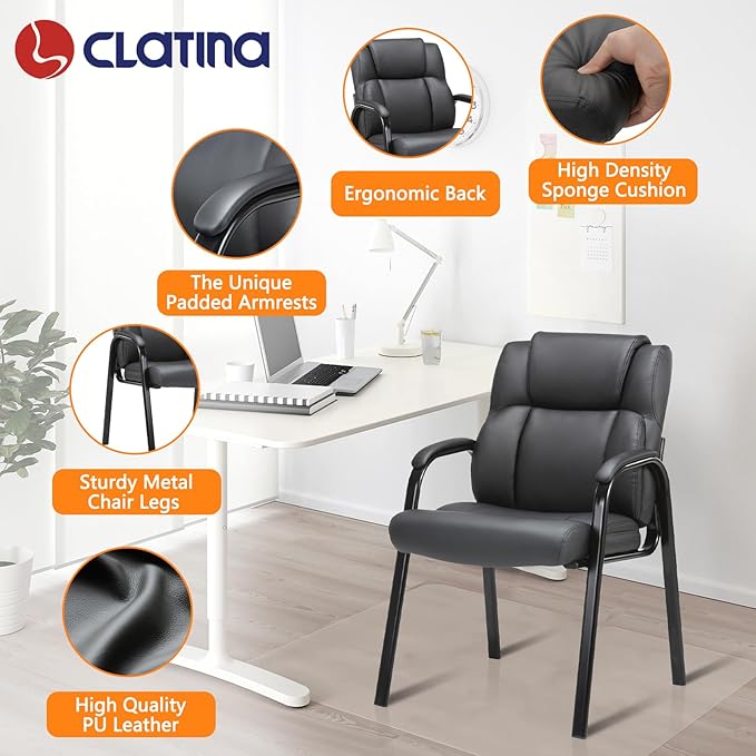 CLATINA Leather Reception Guest Chair – Ergonomic Waiting Room & Office Conference Chair with Padded Armrests