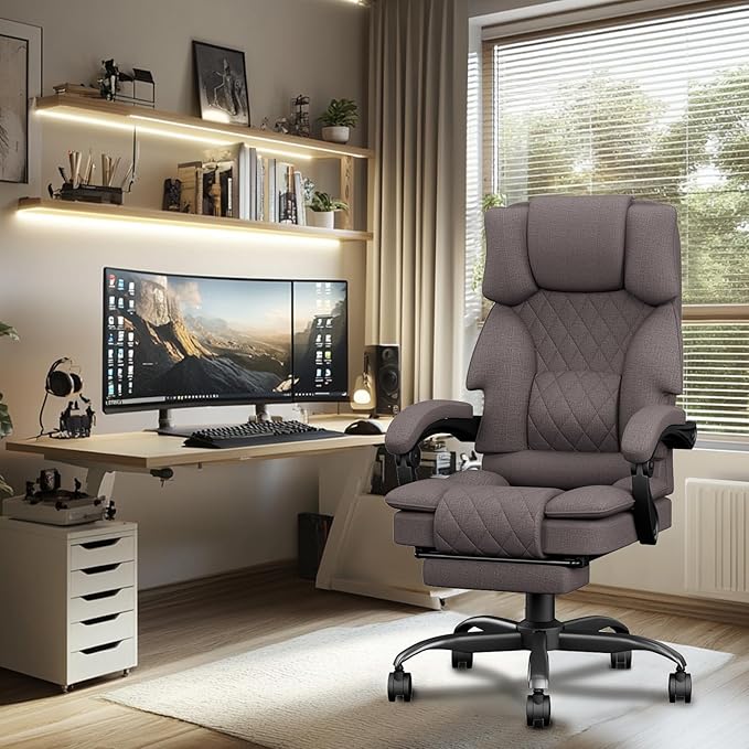Ergonomic Fabric Office Chair with Footrest – Big & Tall Heavy Duty Executive Reclining Computer Desk Chair (Deep Brown)