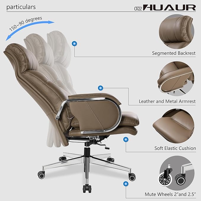 Genuine Leather Modern Executive Chair – High-Back 90° to 150° Reclining Office Chair with 400lbs Capacity (Taupe)