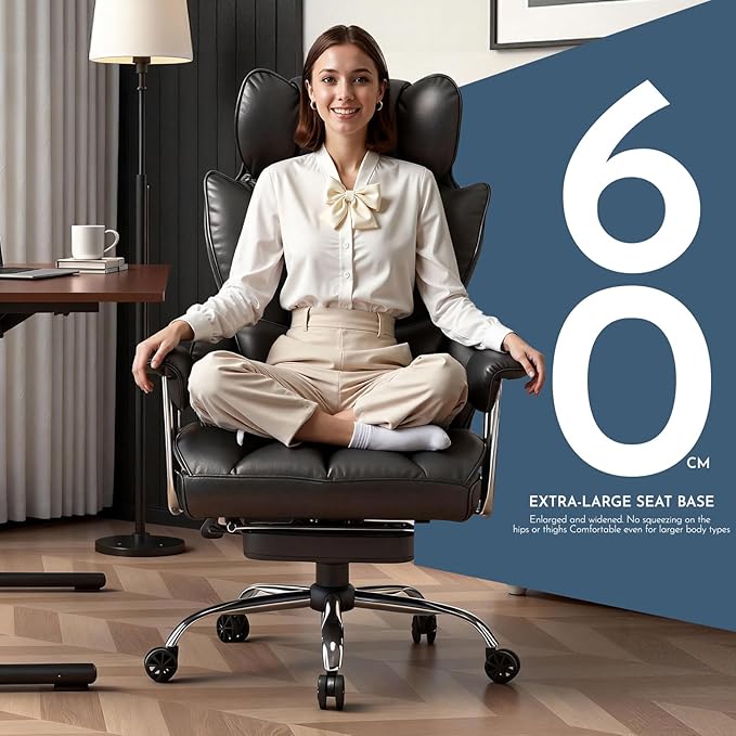 Efomao Big and Tall Office Chair 400lbs – High Back PU Leather Executive Chair with Lumbar Support, Footrest, Swivel Base, Padded Armrests, and Rolling Wheels for Home Office, Black Office Chair