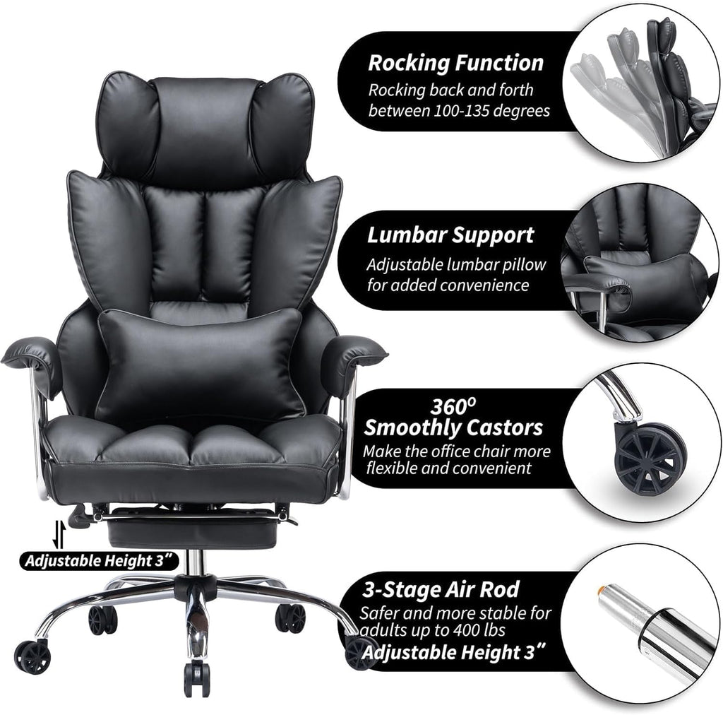 Efomao Big and Tall Office Chair 400lbs – High Back PU Leather Executive Chair with Lumbar Support, Footrest, Swivel Base, Padded Armrests, and Rolling Wheels for Home Office, Black Office Chair