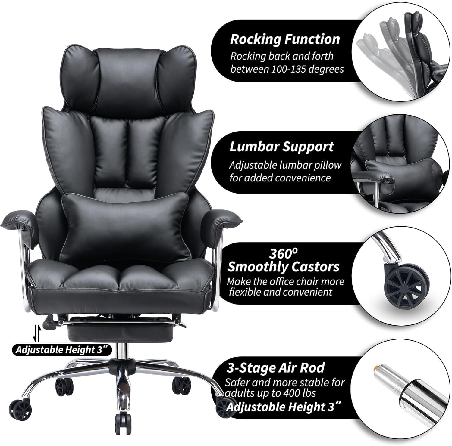 Efomao Big and Tall Office Chair 400lbs – High Back PU Leather Executive Chair with Lumbar Support, Footrest, Swivel Base, Padded Armrests, and Rolling Wheels for Home Office, Black Office Chair