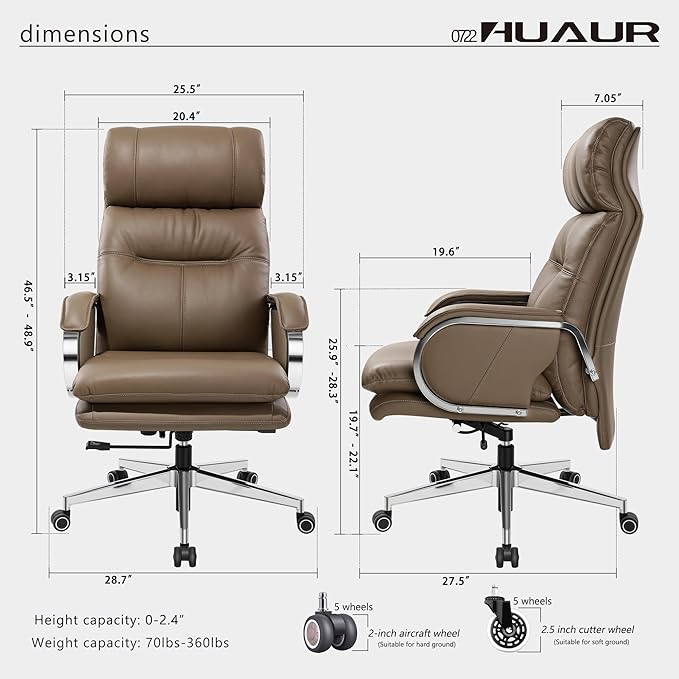 Genuine Leather Modern Executive Chair – High-Back 90° to 150° Reclining Office Chair with 400lbs Capacity (Taupe)