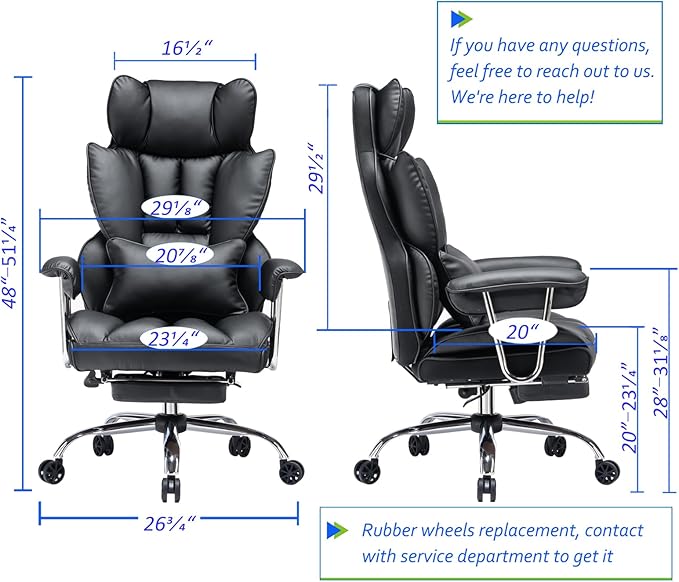 Efomao Big and Tall Office Chair 400lbs – High Back PU Leather Executive Chair with Lumbar Support, Footrest, Swivel Base, Padded Armrests, and Rolling Wheels for Home Office, Black Office Chair