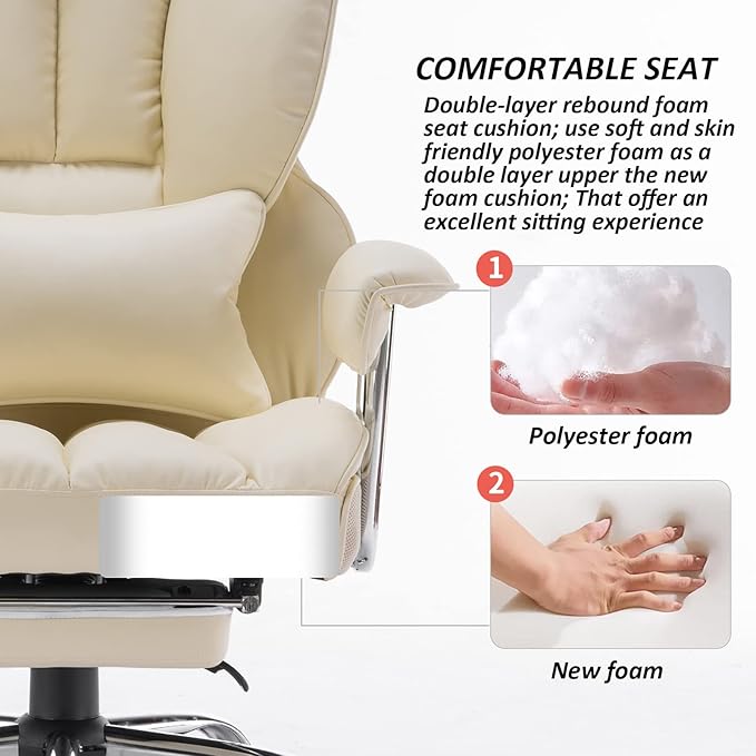Efomao Desk Office Chair 400LBS, Big High Back PU Leather Computer Chair, Executive Office Chair with Leg Rest and Lumbar Support,Beige Office Chair