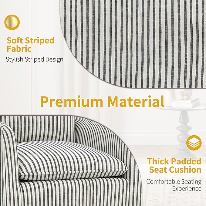 CANMOV Swivel Accent Chair – Modern 360° Comfy Reading Armchair with Thick Lumbar Support for Living Room & Small Spaces (Blue Stripe)