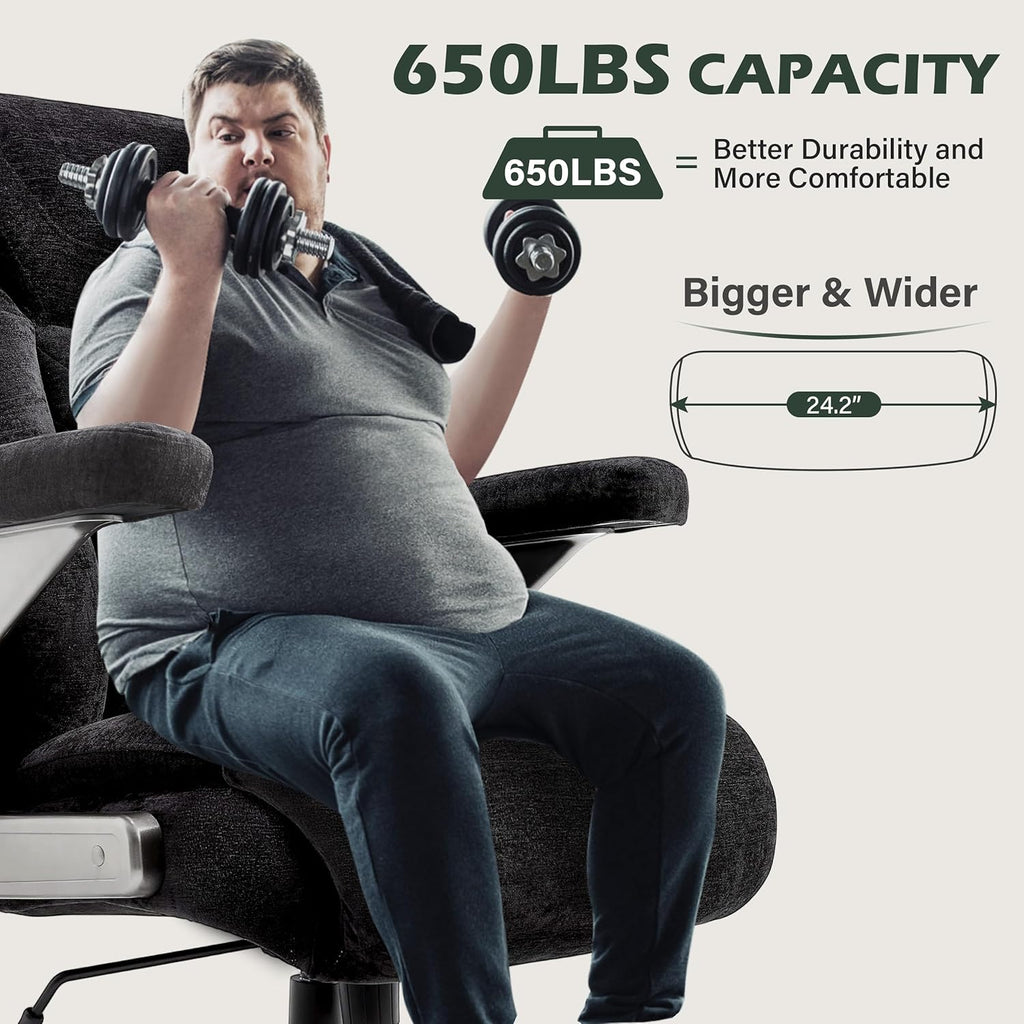 Heavy Duty 650lbs Big & Tall Office Chair with Thick Spring Cushion – 5D Flip-Up Arm Ergonomic Executive Computer & Gaming Chair (Black Cloth)