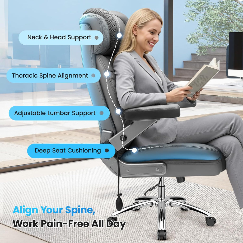 Heavy Duty 500lbs Big & Tall Office Chair with 5D Flip-Up Arms – Ergonomic Executive Leather Computer Desk & Gaming Chair