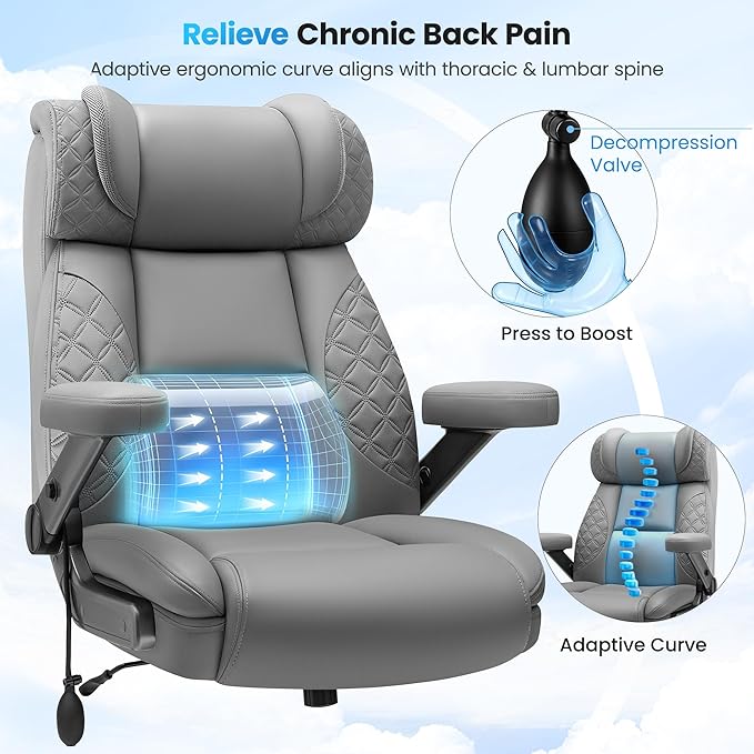 Heavy Duty 500lbs Big & Tall Office Chair with 5D Flip-Up Arms – Ergonomic Executive Leather Computer Desk & Gaming Chair