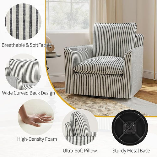 CANMOV Swivel Accent Chair – Modern 360° Comfy Reading Armchair with Thick Lumbar Support for Living Room & Small Spaces (Blue Stripe)