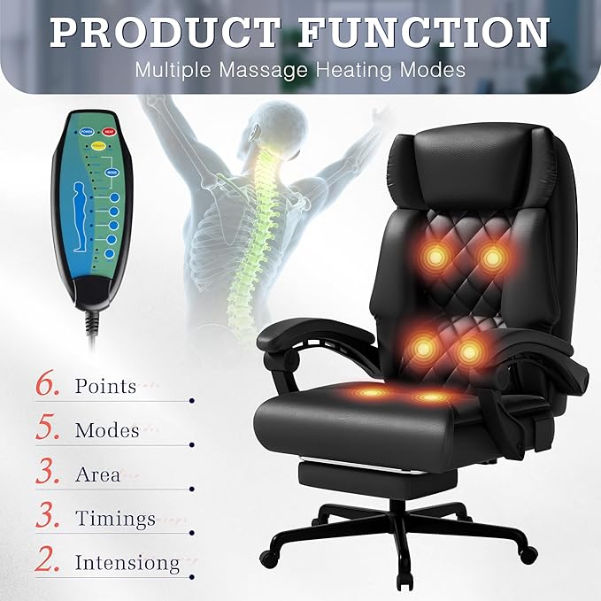 Furmax Heavy Duty 500lbs Massage Office Chair with Footrest – Reclining Big & Tall High Back Executive Computer Desk Chair (Black)