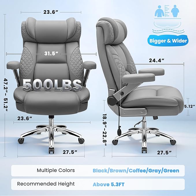Heavy Duty 500lbs Big & Tall Office Chair with 5D Flip-Up Arms – Ergonomic Executive Leather Computer Desk & Gaming Chair