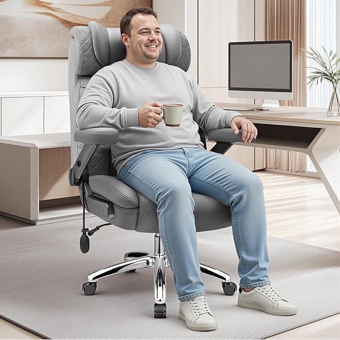 Heavy Duty 500lbs Big & Tall Office Chair with 5D Flip-Up Arms – Ergonomic Executive Leather Computer Desk & Gaming Chair