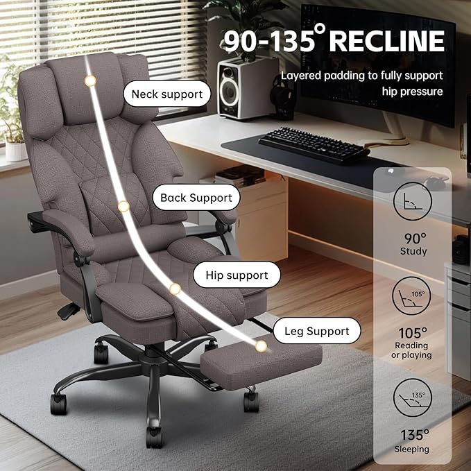 Ergonomic Fabric Office Chair with Footrest – Big & Tall Heavy Duty Executive Reclining Computer Desk Chair (Deep Brown)