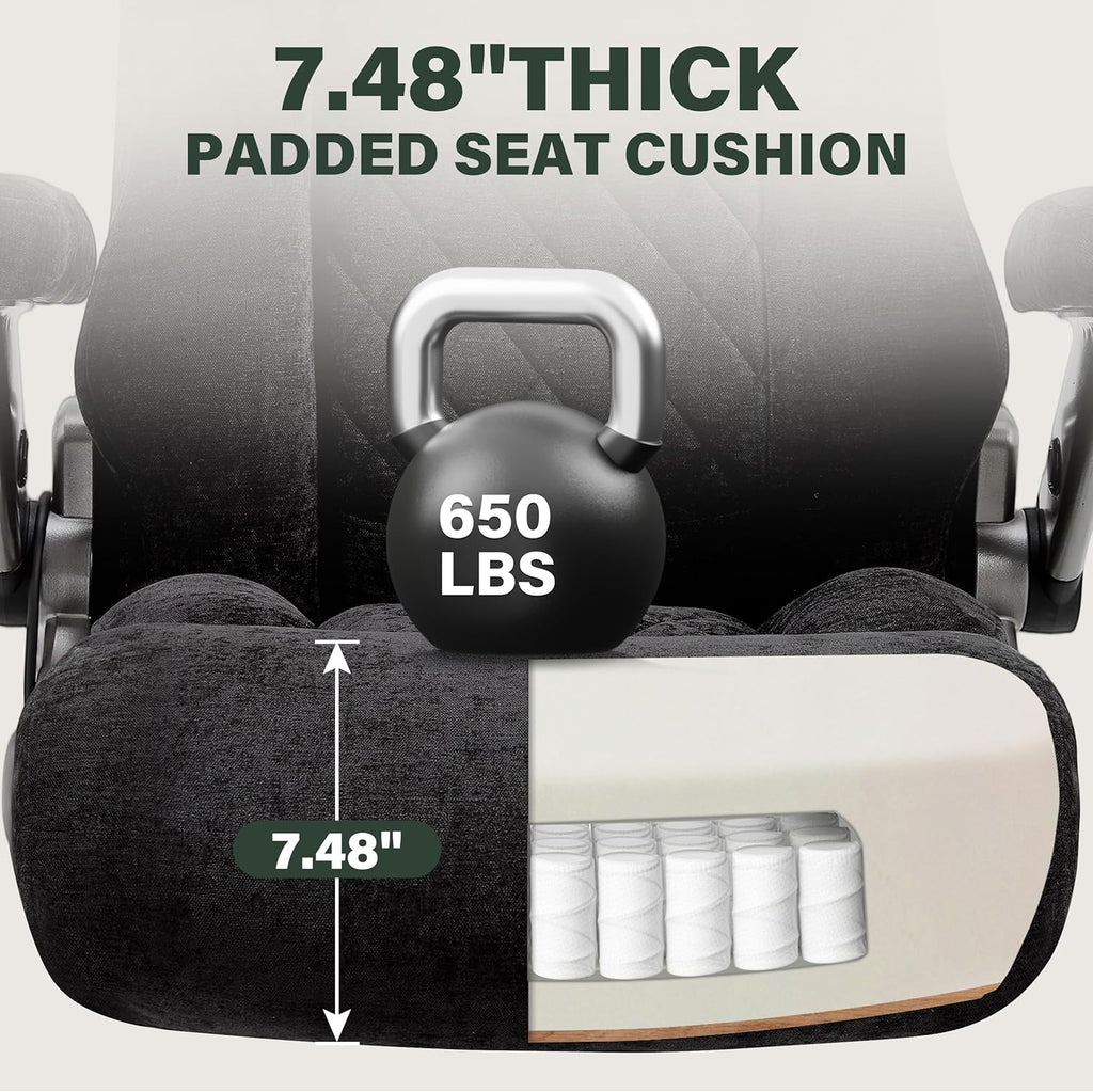 Heavy Duty 650lbs Big & Tall Office Chair with Thick Spring Cushion – 5D Flip-Up Arm Ergonomic Executive Computer & Gaming Chair (Black Cloth)