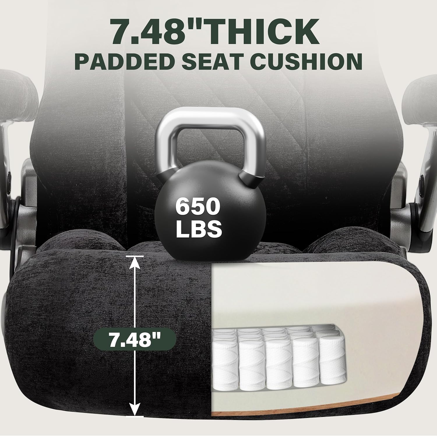 Heavy Duty 650lbs Big & Tall Office Chair with Thick Spring Cushion – 5D Flip-Up Arm Ergonomic Executive Computer & Gaming Chair (Black Cloth)