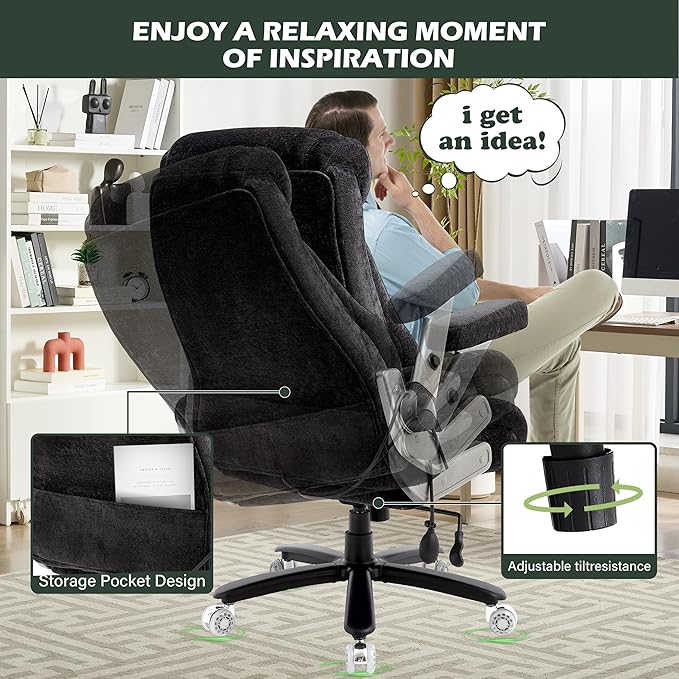 Heavy Duty 650lbs Big & Tall Office Chair with Thick Spring Cushion – 5D Flip-Up Arm Ergonomic Executive Computer & Gaming Chair (Black Cloth)