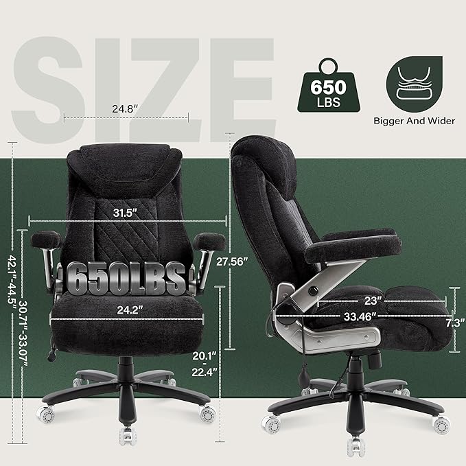 Heavy Duty 650lbs Big & Tall Office Chair with Thick Spring Cushion – 5D Flip-Up Arm Ergonomic Executive Computer & Gaming Chair (Black Cloth)