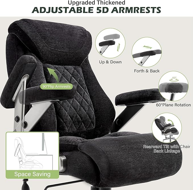 Heavy Duty 650lbs Big & Tall Office Chair with Thick Spring Cushion – 5D Flip-Up Arm Ergonomic Executive Computer & Gaming Chair (Black Cloth)