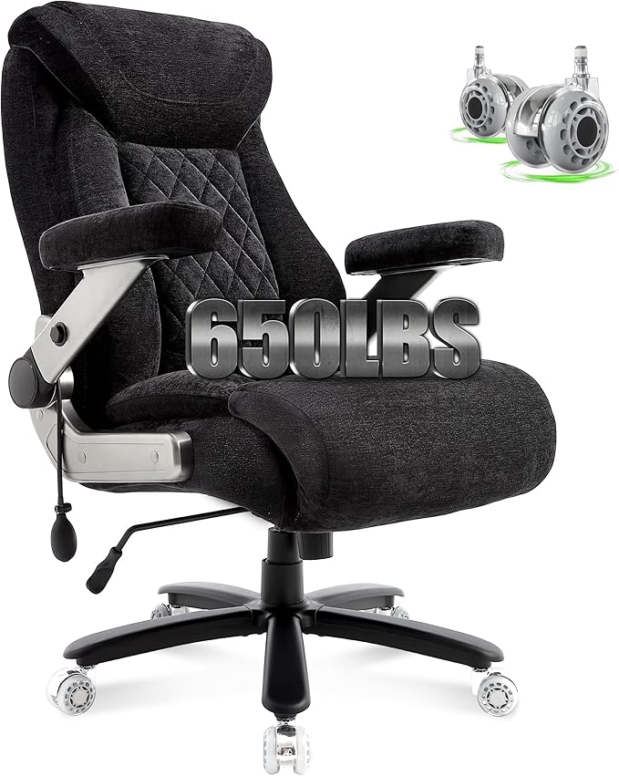 Heavy Duty 650lbs Big & Tall Office Chair with Thick Spring Cushion – 5D Flip-Up Arm Ergonomic Executive Computer & Gaming Chair (Black Cloth)